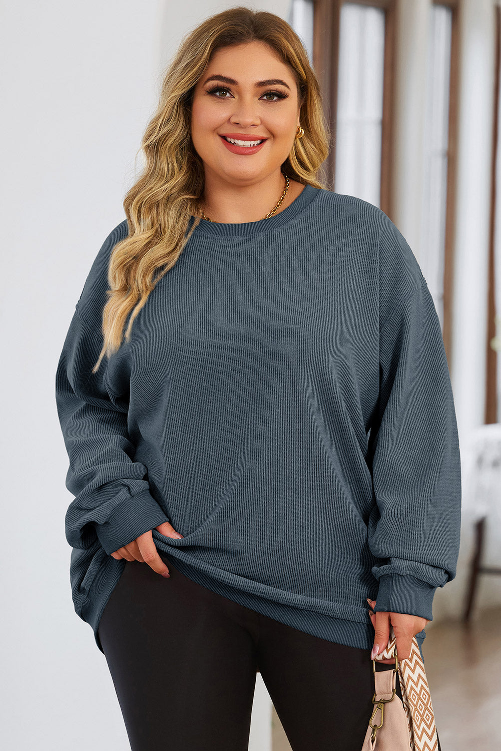 Blue Plus Size Corded Round Neck Sweatshirt