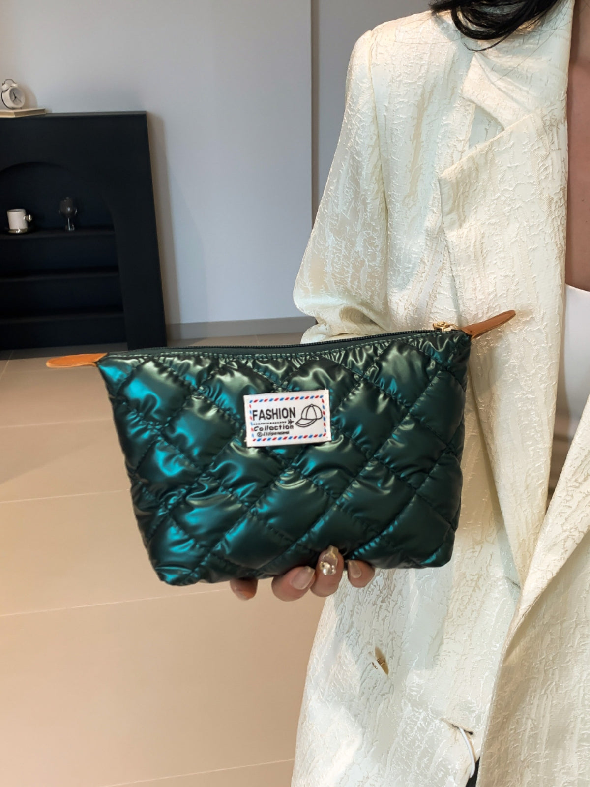 Solid Quilted Clutch with Zipper Dark Green One Size