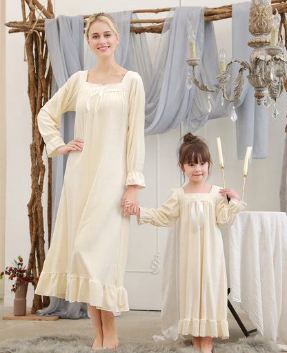 Autumn And Winter Girls' Parent-child Clothes Warm Double-sided Velvet Jade Hare Velvet Long Princess Medium And Large Children's Nightdress