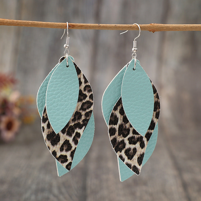 Leopard PU Leather Leaf Earrings - Thandynie