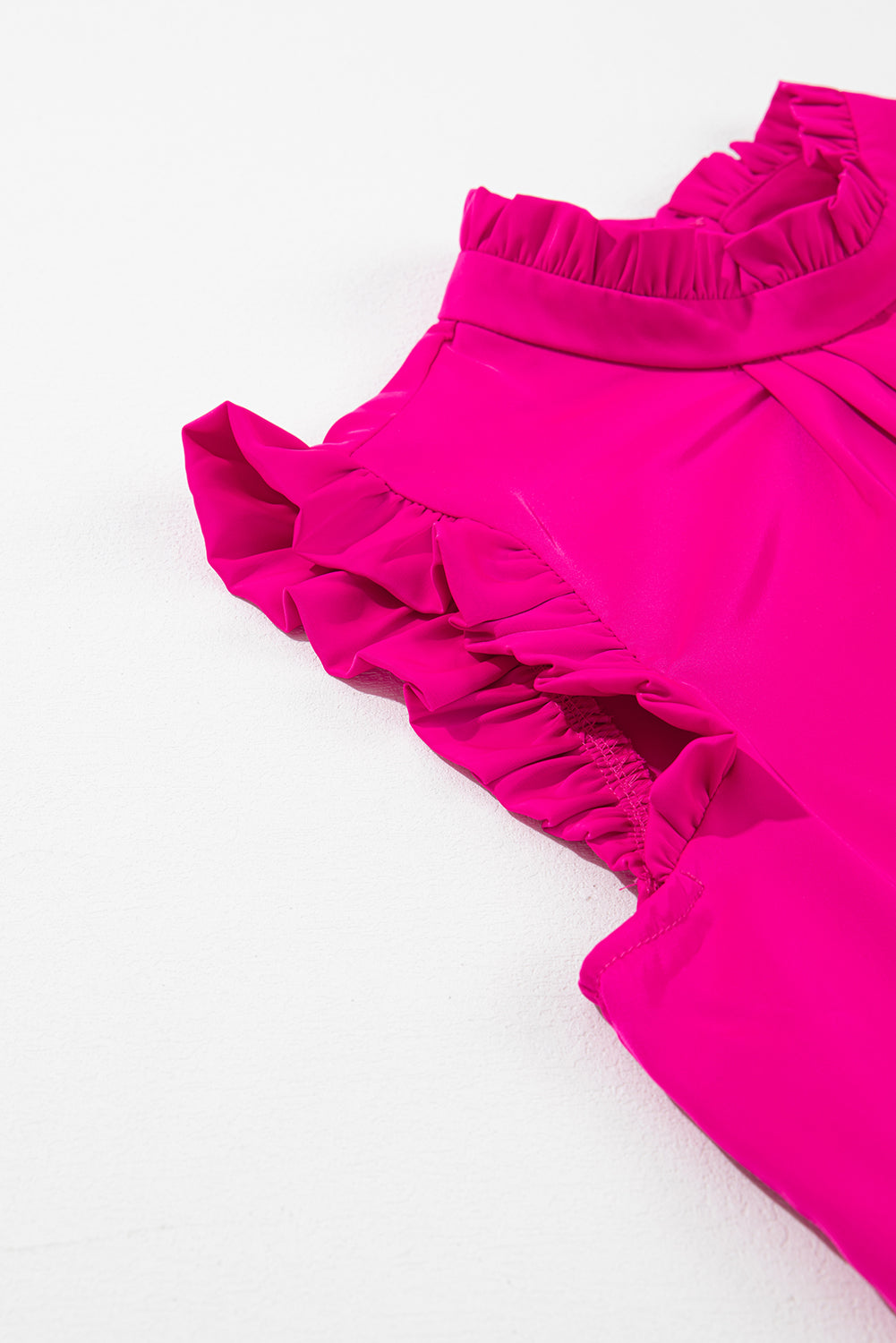 Bright Pink Pleated Mock Neck Frilled Trim Sleeveless Top