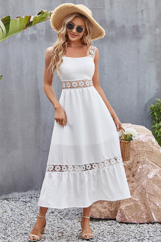 Flower Crochet Wide Strap Midi Dress White