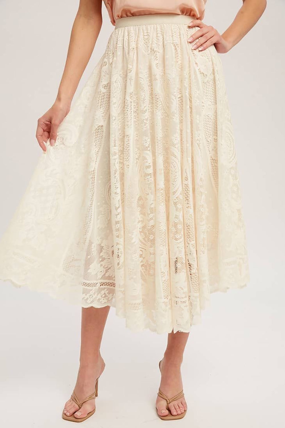 Lace High Waist Midi Skirt Tan