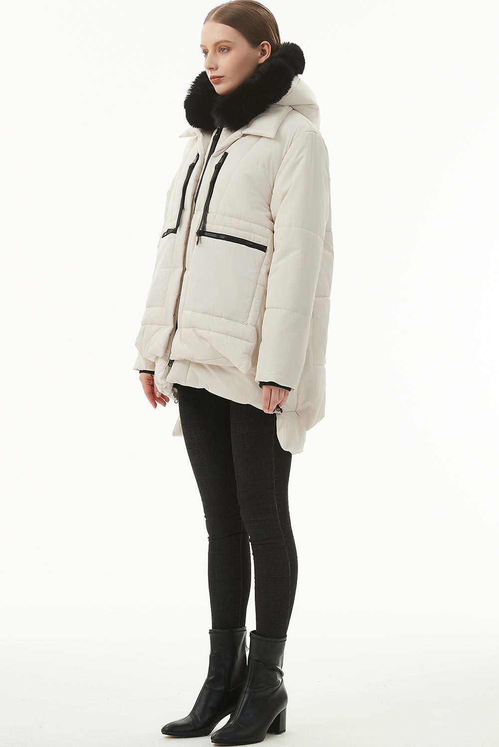 Beige Plush Linen Zip Up Hooded Puffer Coat