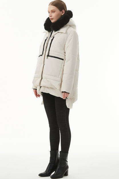 Beige Plush Linen Zip Up Hooded Puffer Coat