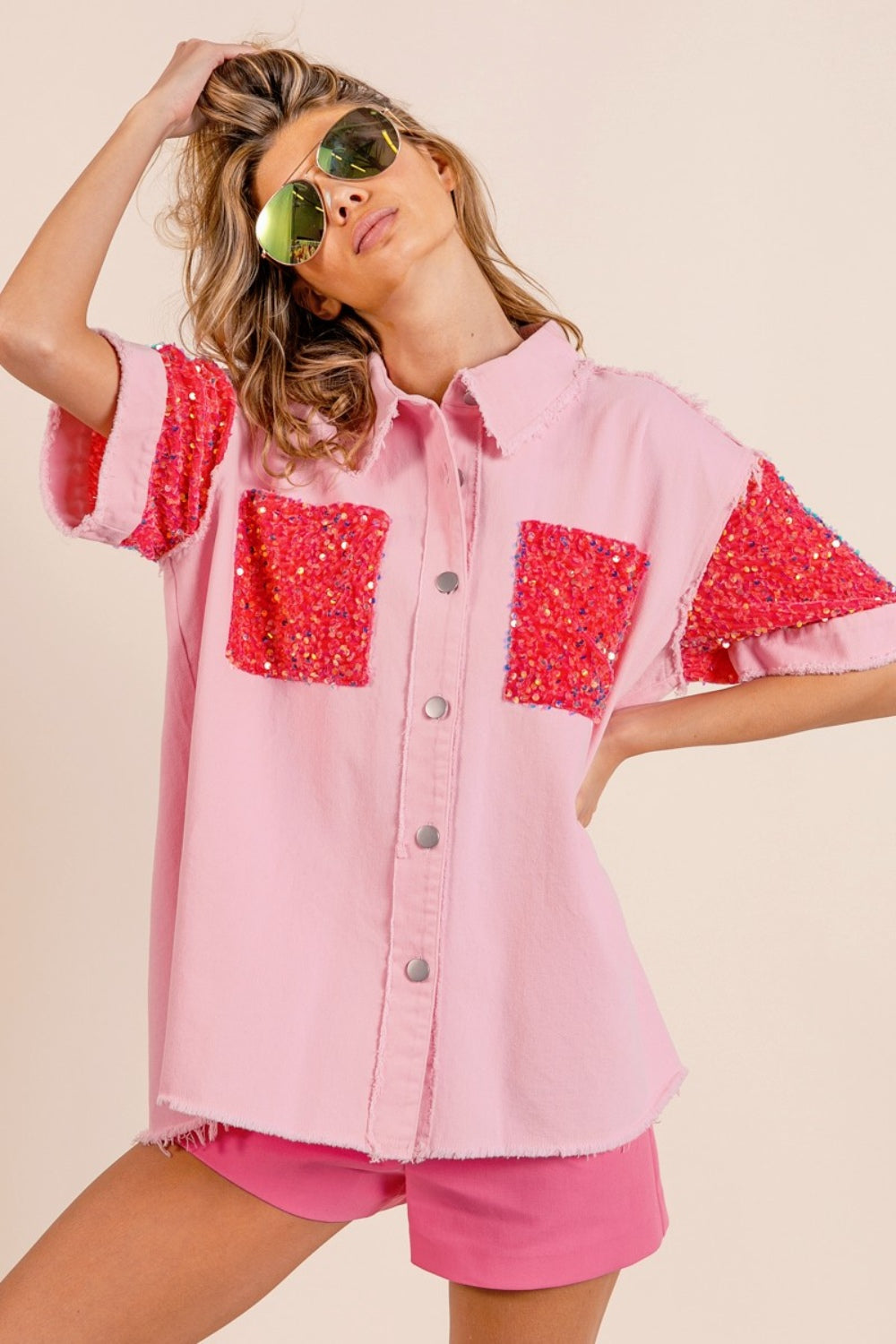 BiBi Sequin Detail Raw Hem Short Sleeve Shirt Pink Fuchsia