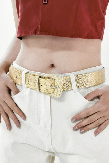 Glitter PU Leather Belt Gold One Size