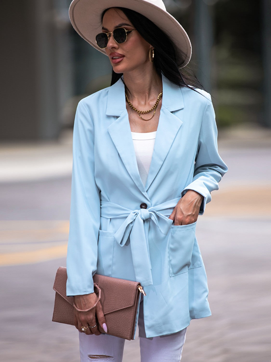 Tie Waist Long Sleeve Blazer - Thandynie