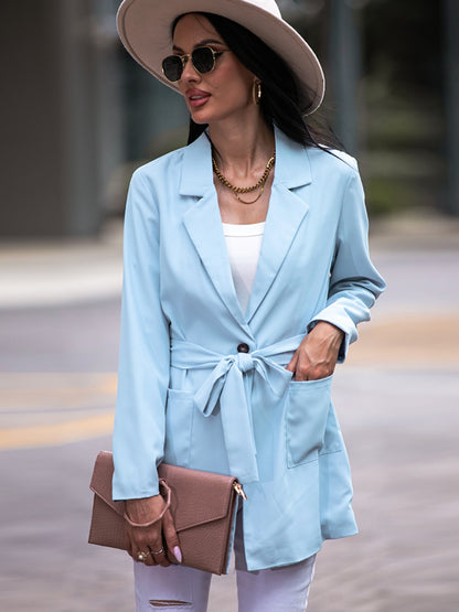 Tie Waist Long Sleeve Blazer Pastel Blue