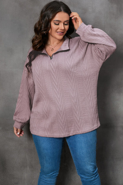 Plus Size Textured Knit Zip Neck Pullover Brown 95%Polyester+5%Elastane