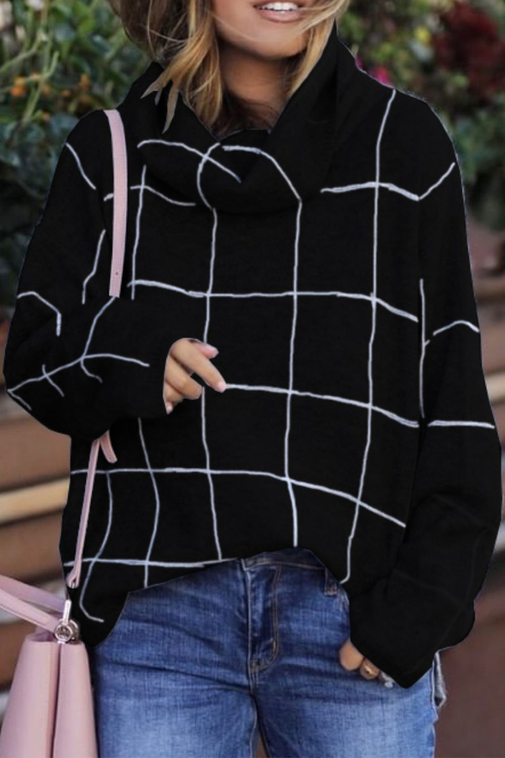 Plaid Turtleneck Drop Shoulder Sweater Black