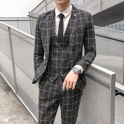 Slim Fit Suit Suit Men's Plaid Suit Three-piece Suit Black