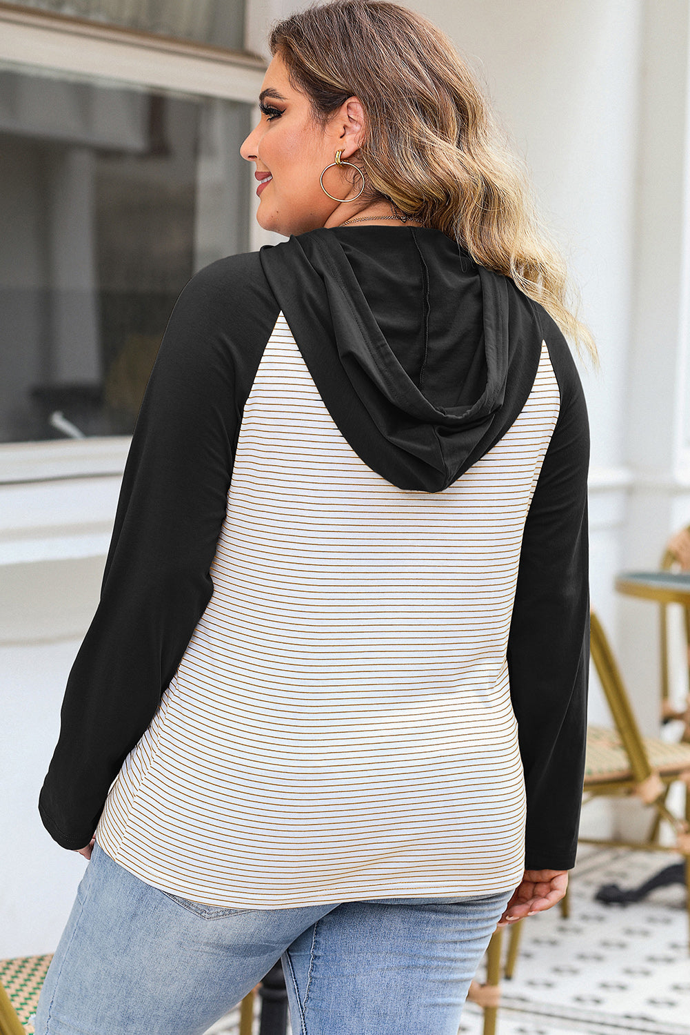 Black Striped Plus Size Hoodie with Raglan Sleeves & Buttoned Chest Pocket