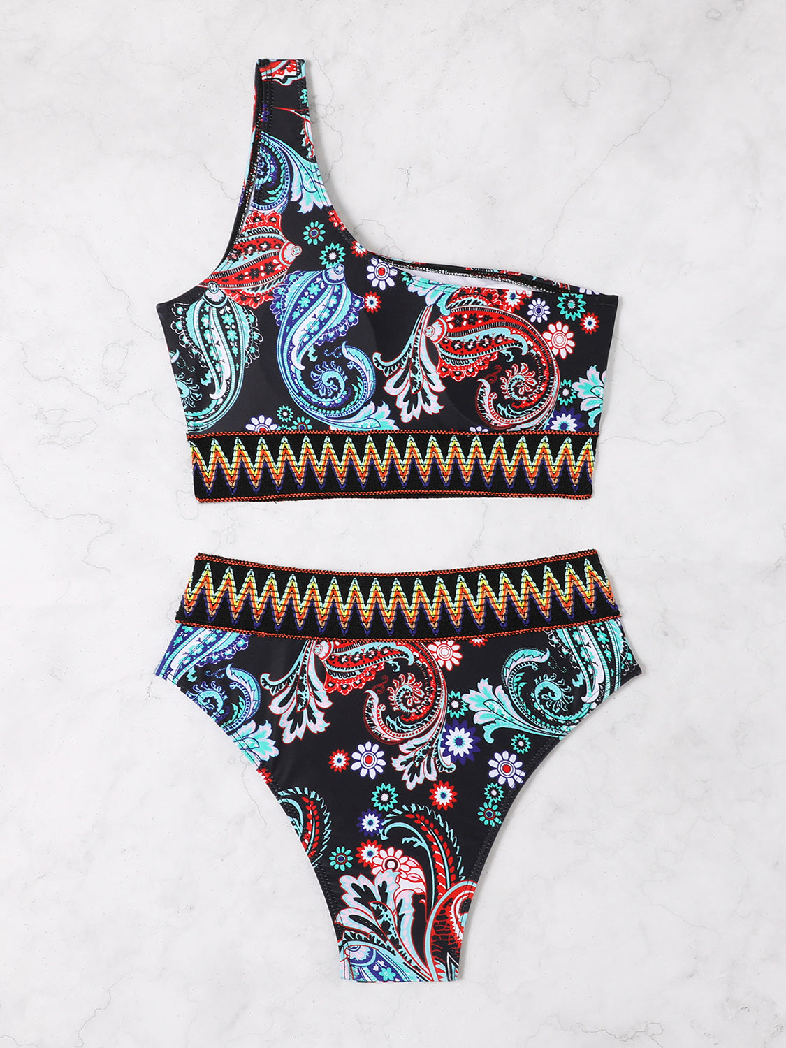 Printed One Shoulder Two-Piece Swim Set - Thandynie