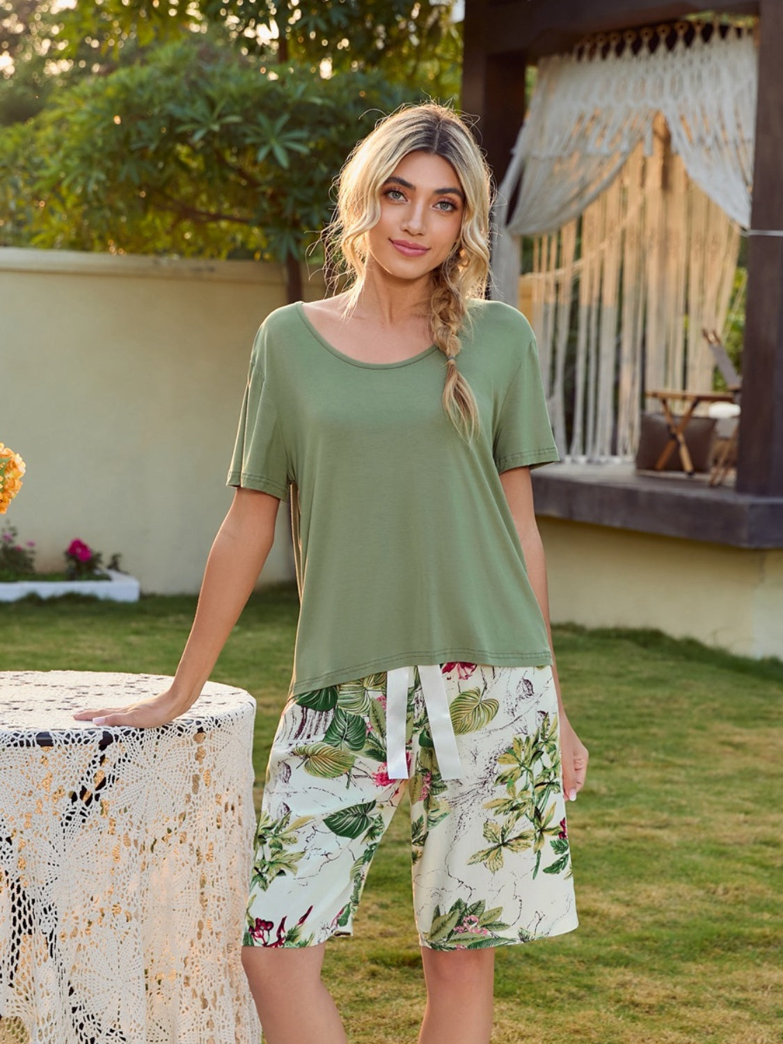 Short Sleeve Top and Printed Shorts Lounge Set Sage