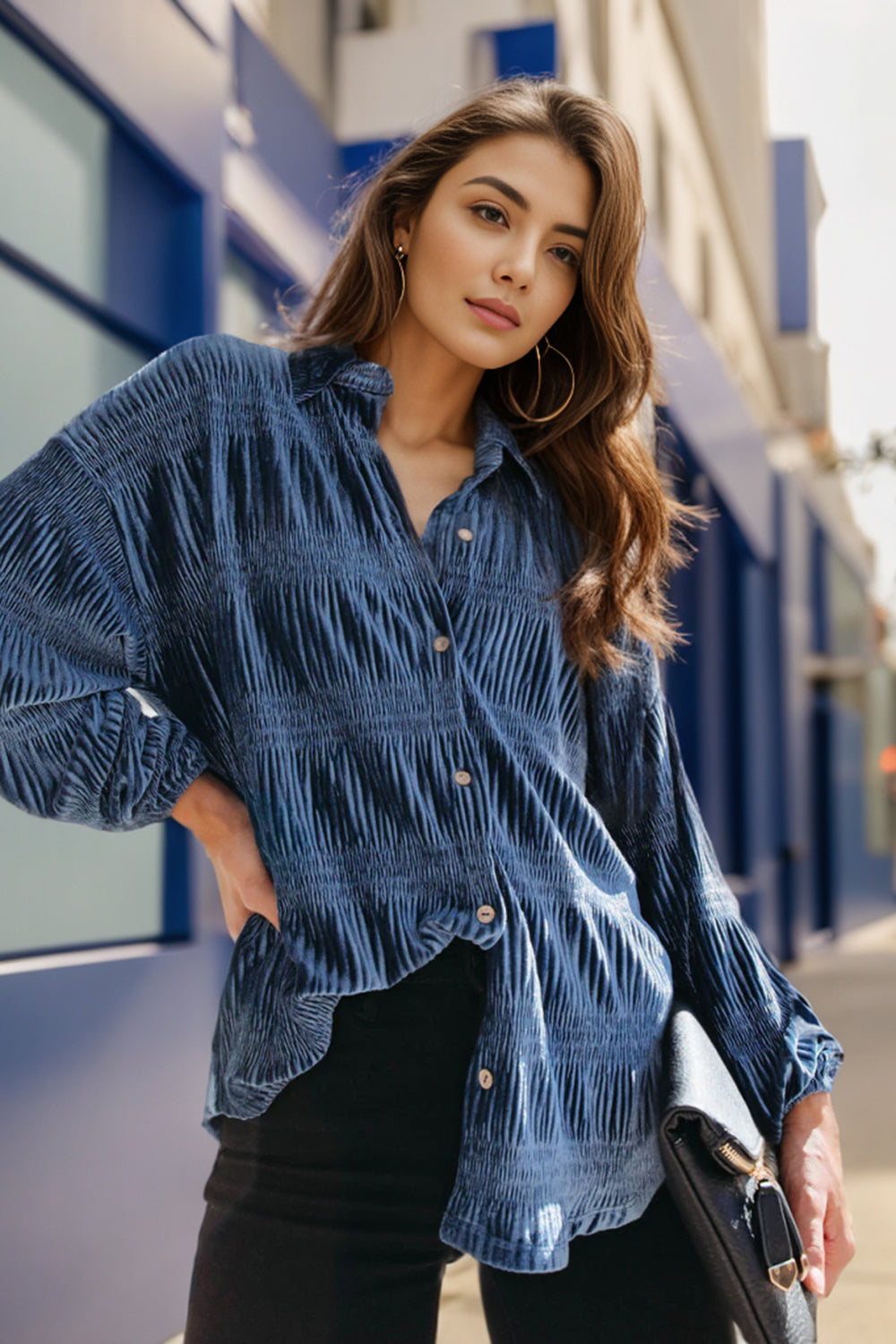 Ruched Button Up Collared Neck Shirt Dark Blue