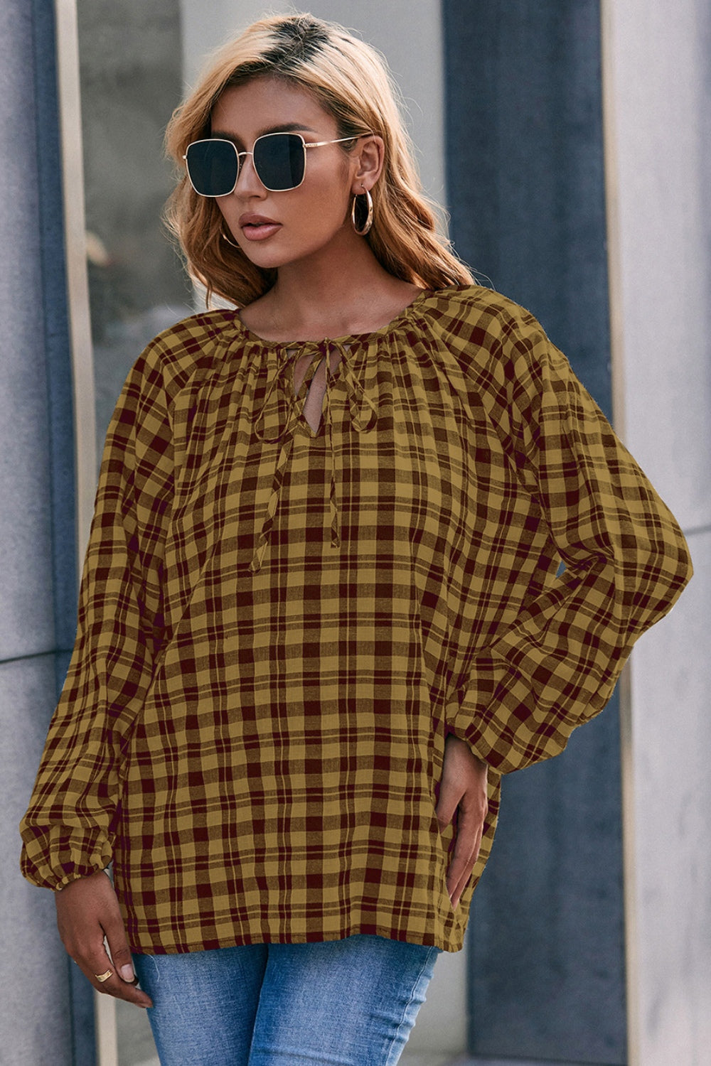 Plaid Tie Neck Balloon Sleeve Blouse Mustard