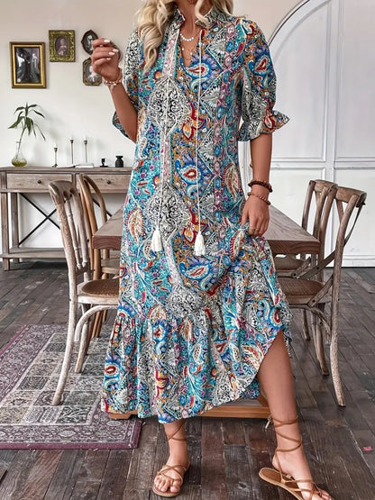 Printed Tie Neck Flounce Sleeve Midi Dress French Blue