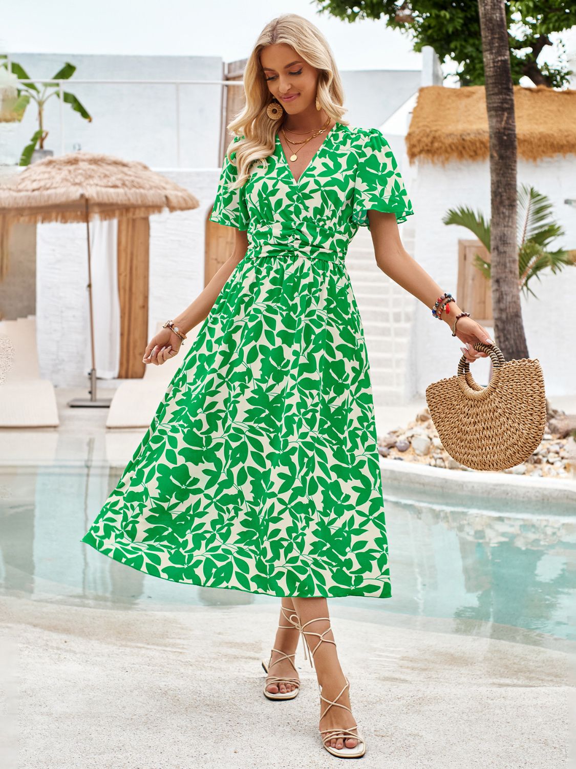 Printed Surplice Short Sleeve Midi Dress Green