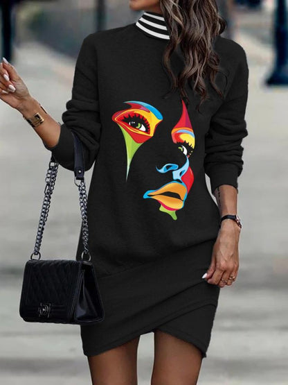 Printed Turtleneck Long Sleeve Mini Dress Black