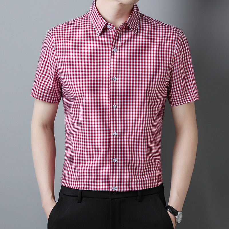 Men's Casual Short-Sleeved Lapel Shirt | 100% Cotton Checkered Cardigan