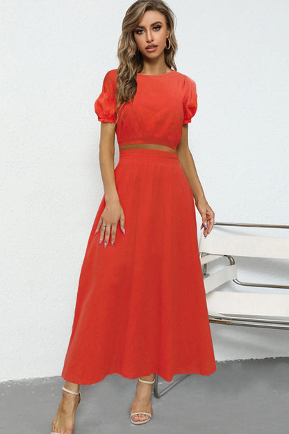 Puff Sleeve Crop Top and Maxi Skirt Set Orange-Red