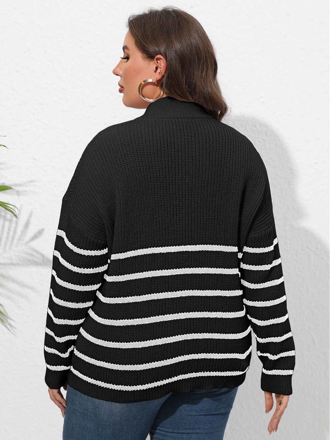 Plus Size Zip-Up Striped Sweater