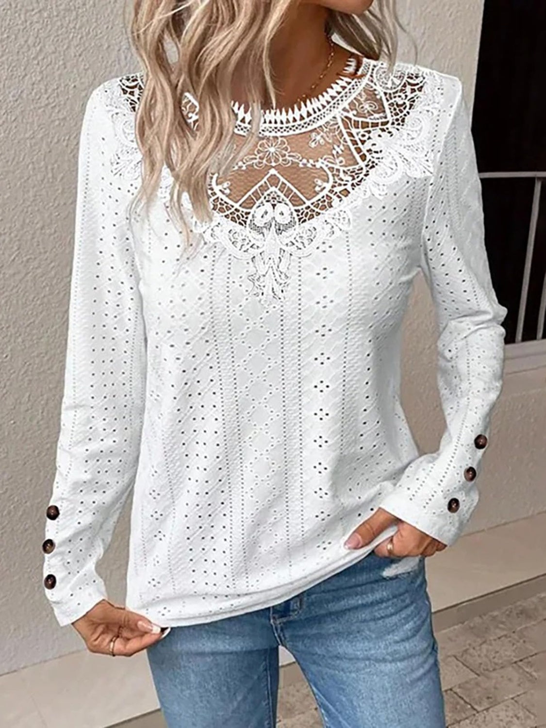 Eyelet Lace Detail Long Sleeve Blouse White