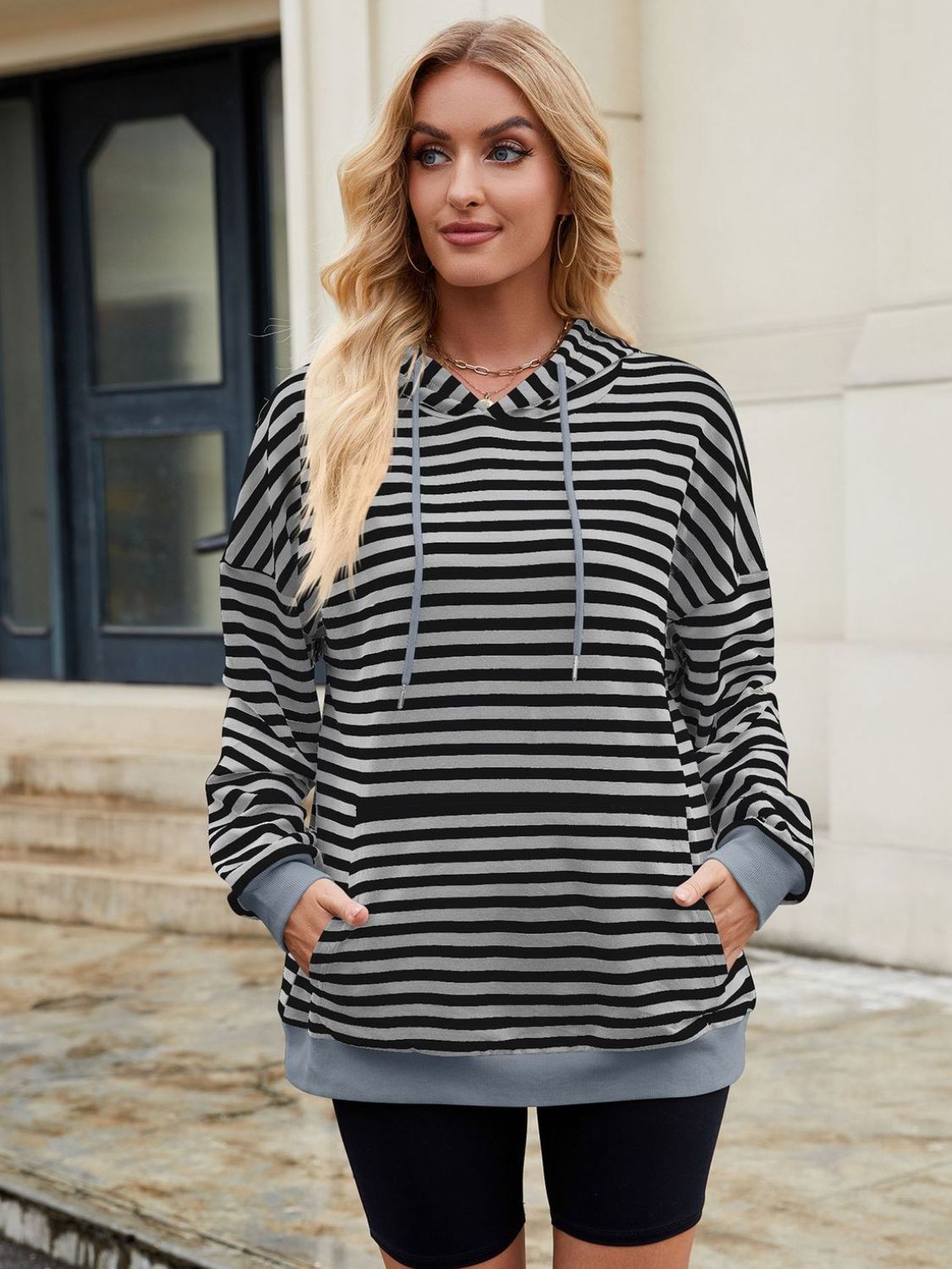 Drawstring Contrast Striped Long Sleeve Hoodie Black