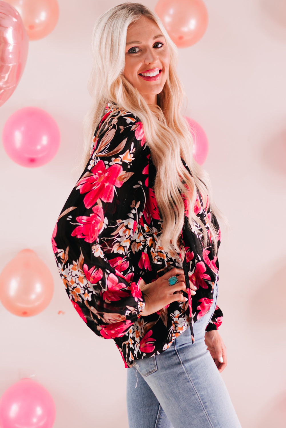 Floral V-Neck Balloon Sleeve Blouse