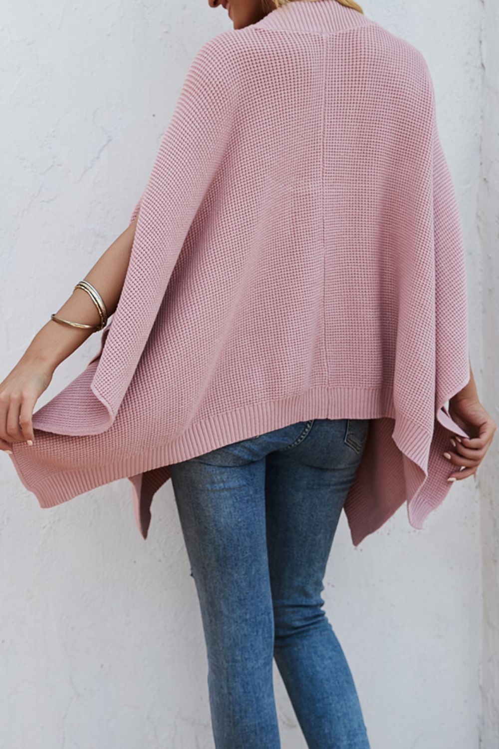 Waffle-Knit Pocketed Cape Sleeve Sweater - Thandynie