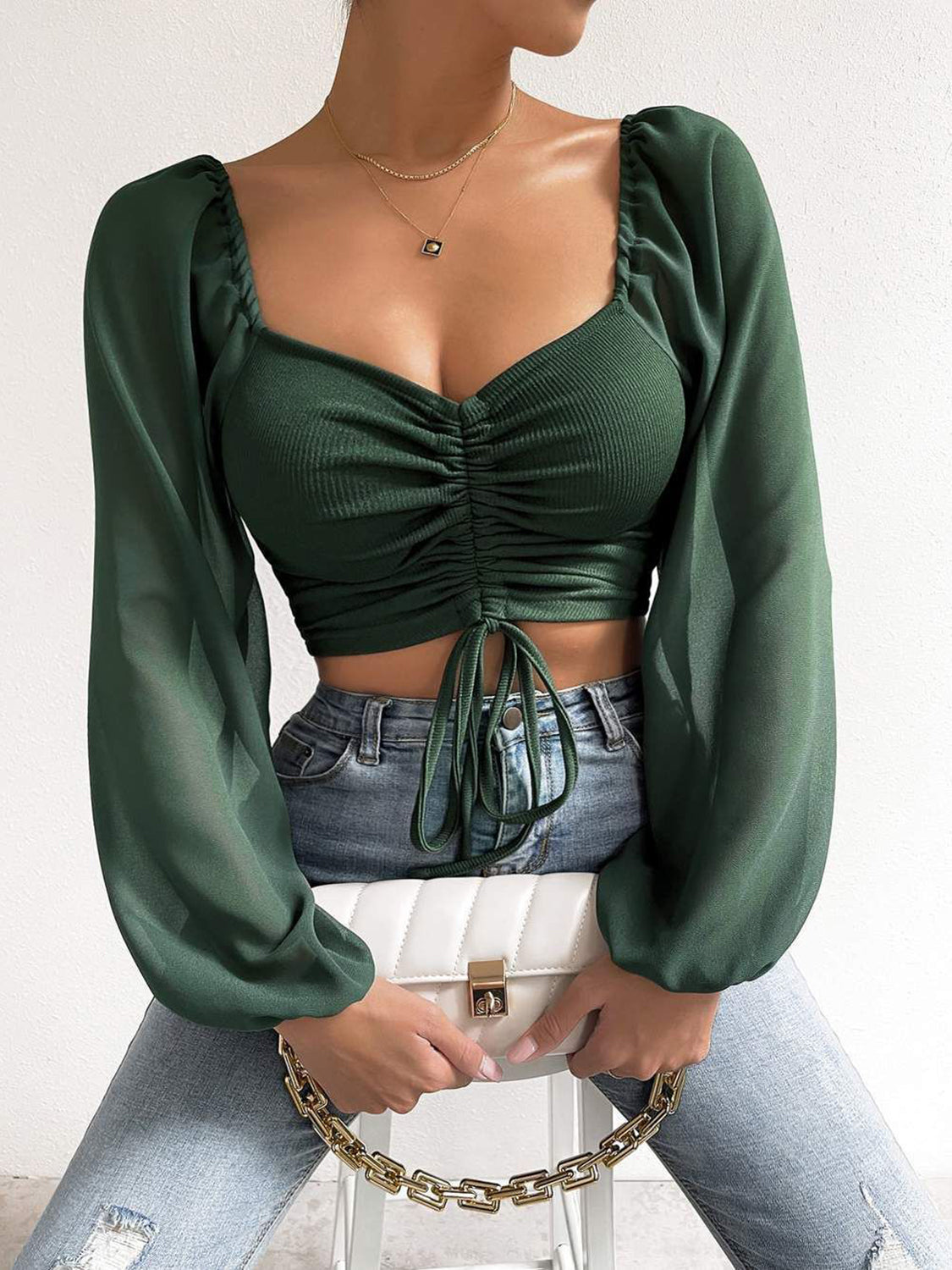 Drawstring Sweetheart Neck Cropped Top Army Green