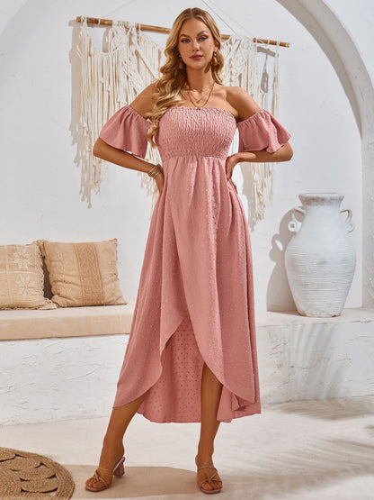 High-Low Smocked Short Sleeve Midi Dress Pale Blush