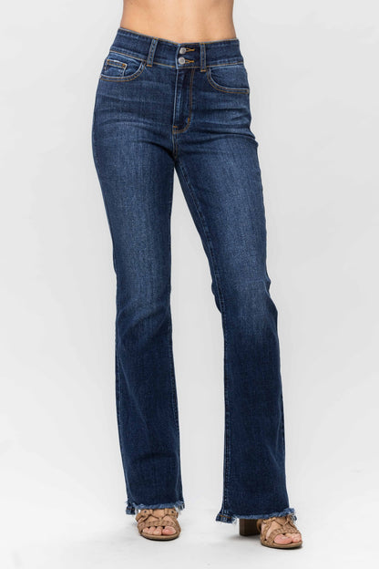 Judy Blue Full Size Frayed Hem Bootcut Jeans Dark