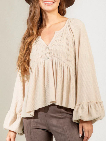 Notched Balloon Sleeve Peplum Blouse Tan