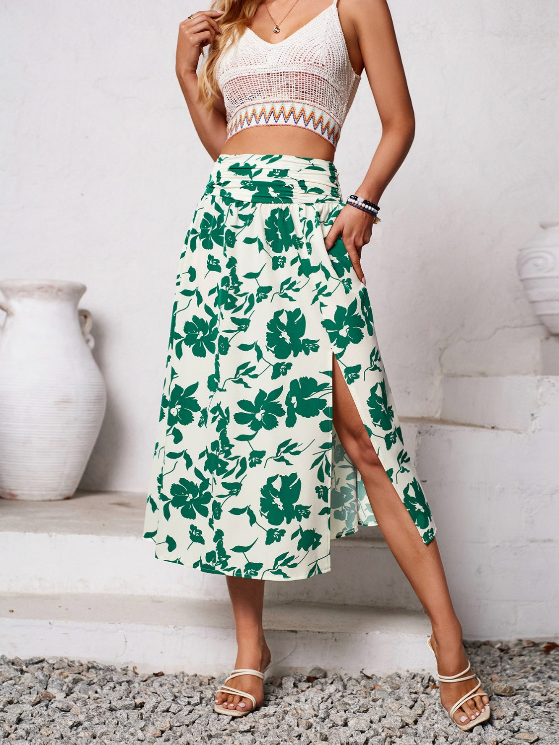 Slit Printed Midi Skirt Green