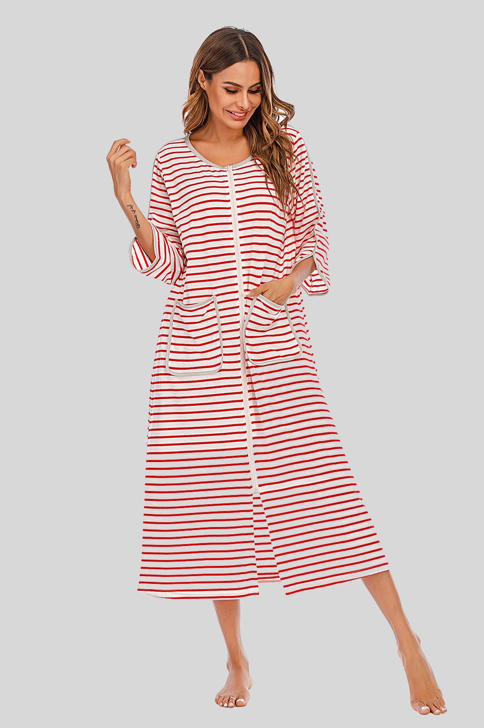 Round Neck Three-Quarter Sleeve Midi Night Dress Red