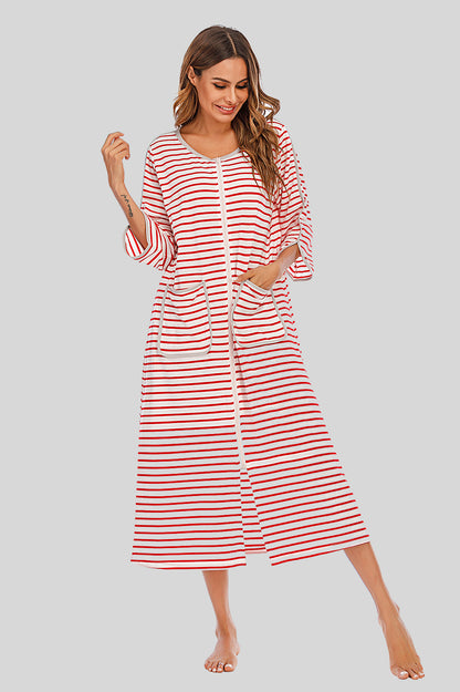 Round Neck Three-Quarter Sleeve Midi Night Dress Red