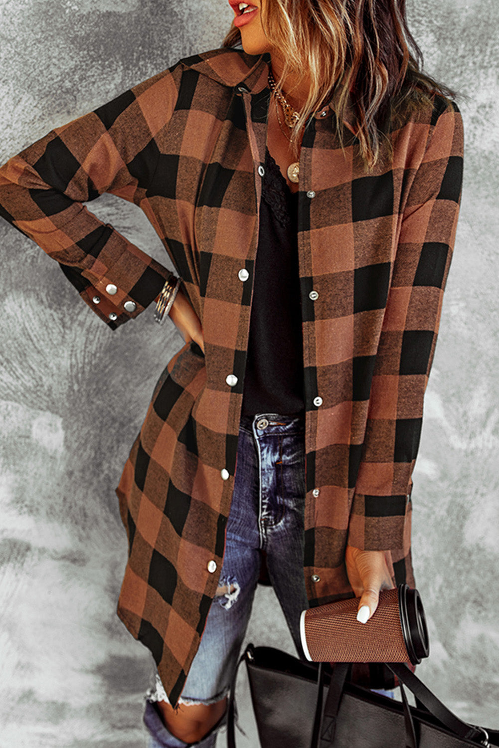 Brown Turn-down Collar Plaid Shirt Coat Brown 95%Polyester+5%Elastane