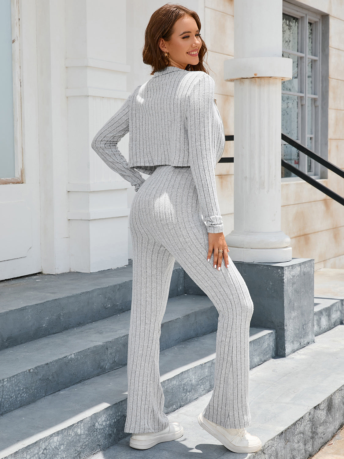 Ribbed Collared Neck Zip-Up Top and Pants Set - Thandynie