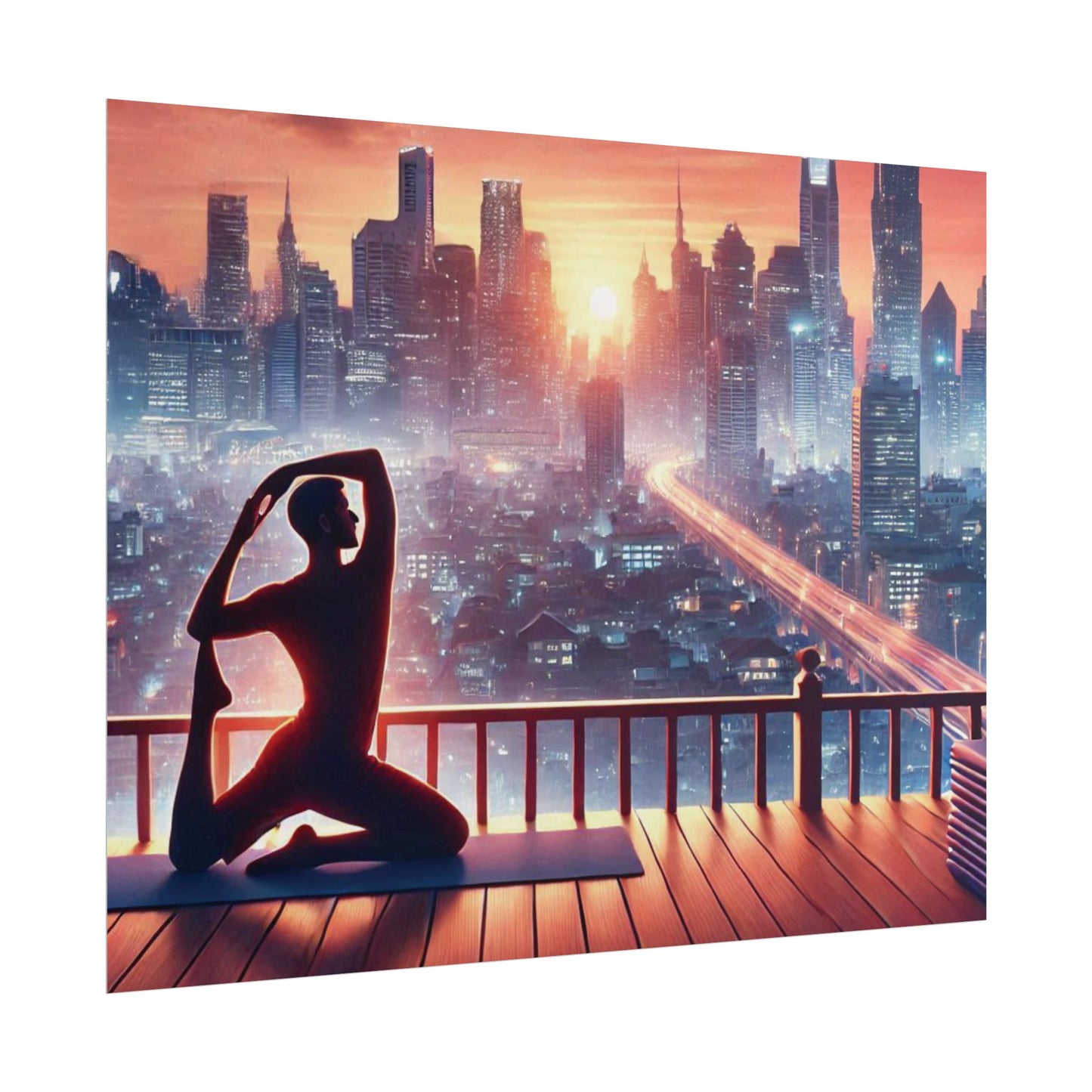 Yoga Poster, Cityscape Sunset Art, Rolled Wall Art, Pink Orange Skyline Decor, Urban Zen Meditation, Rooftop Exercise Print, Relaxation Gift