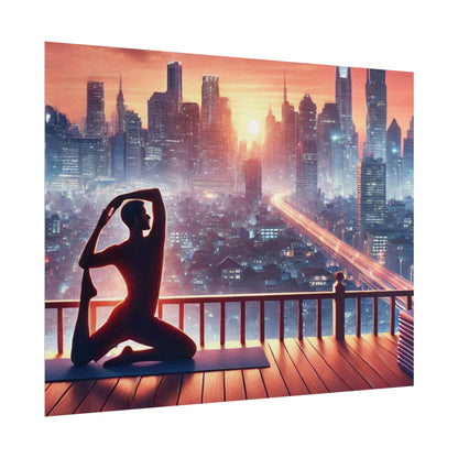 Yoga Poster, Cityscape Sunset Art, Rolled Wall Art, Pink Orange Skyline Decor, Urban Zen Meditation, Rooftop Exercise Print, Relaxation Gift