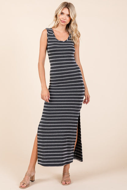 Mittoshop Striped Scoop Neck Sleeveless Maxi Dress Black