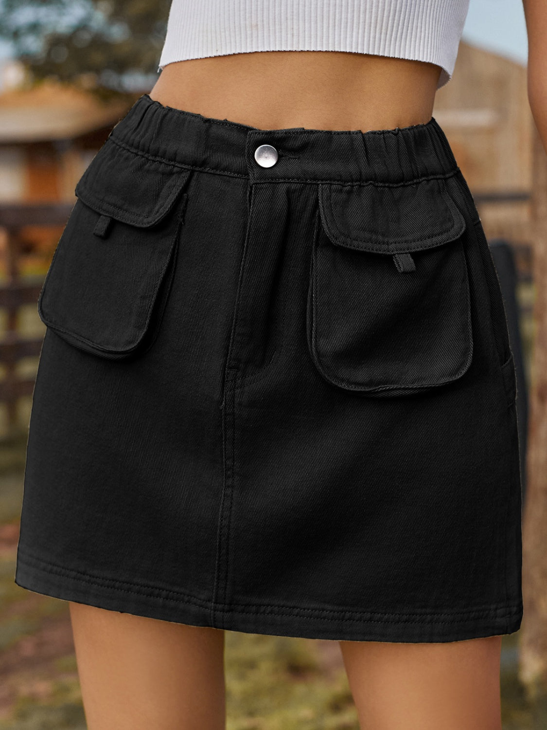 Pocketed Elastic Waist Denim Skirt - Thandynie