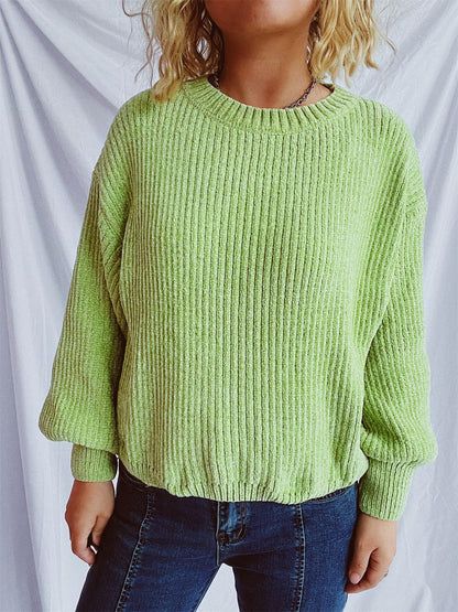 Round Neck Dropped Shoulder Long Sleeve Sweater Lime One Size