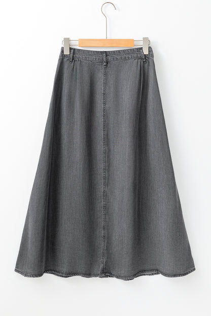 Dark Grey Fully Buttoned Long Denim Skirt