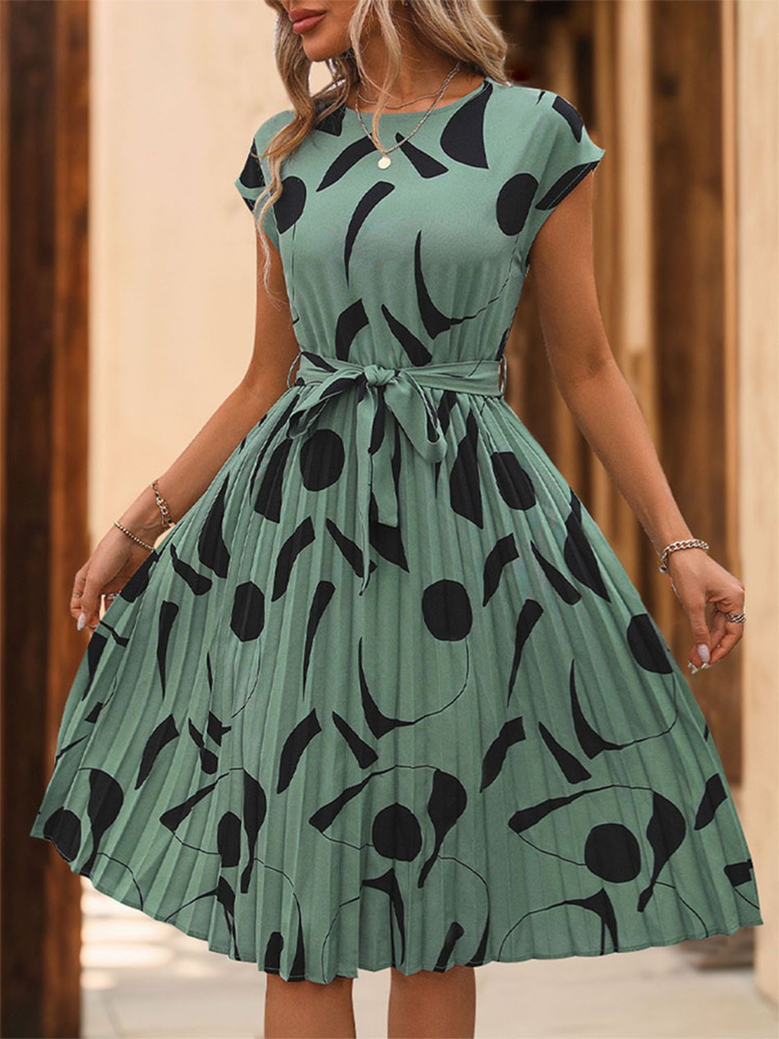 Tied Pleated Printed Cap Sleeve Dress Turquoise