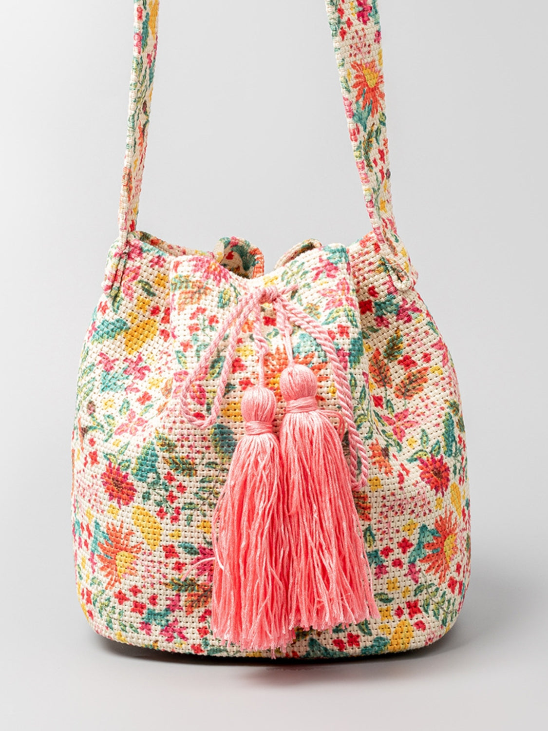 Drawstring Tassel Geometric Shoulder Bag Floral One Size