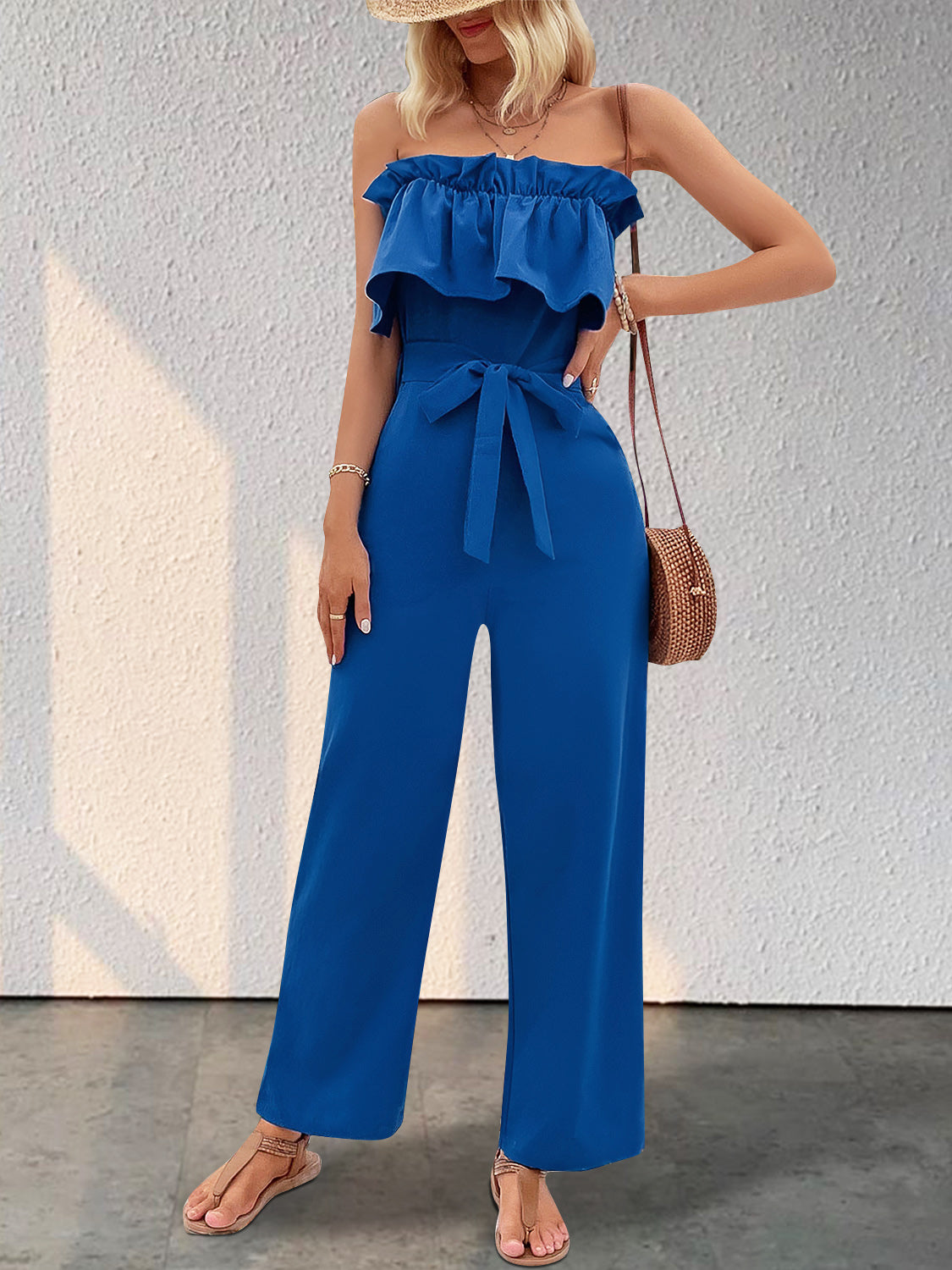 Ruffled Tie Waist Tube Jumpsuit Royal Blue