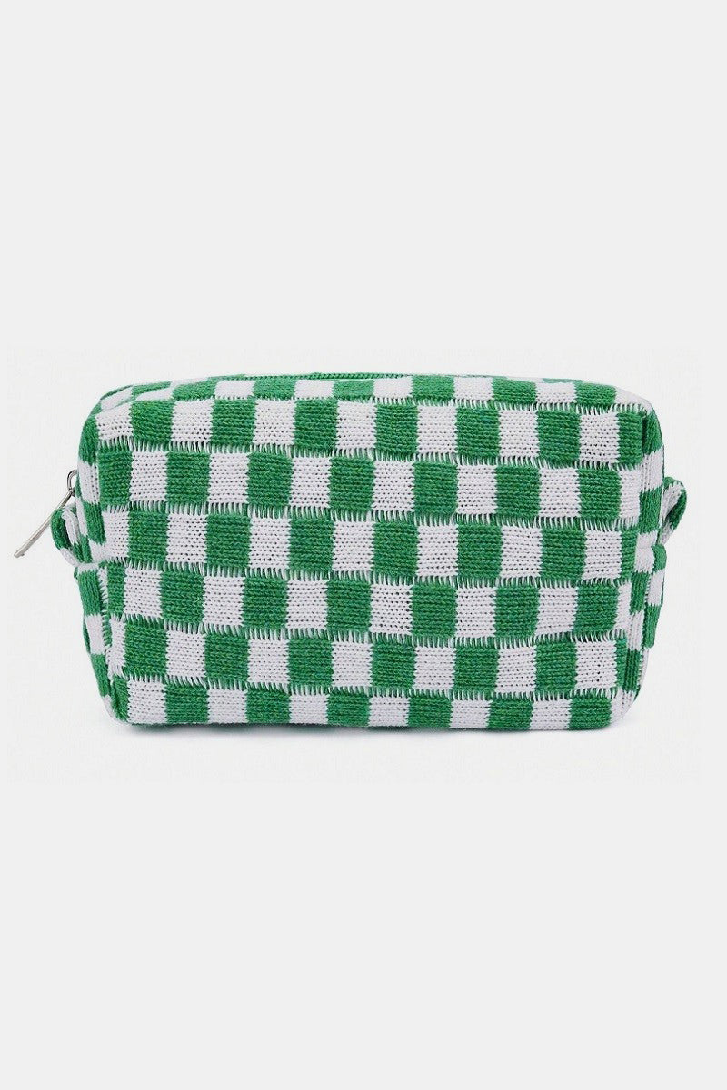 Zenana Checkered Pattern Knitted Cosmetic Pouch Green One Size